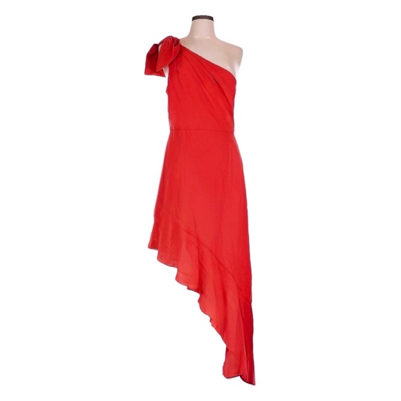 BCBGMAXAZRIA One-Shoulder Asymmetrical Ruffle Hem Dress Red Poinsettia Size 12 - Picture 1 of 11